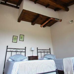 Arquata Scrivia卡希纳佛明格佐农家乐的卧室设有2张床和木制天花板。