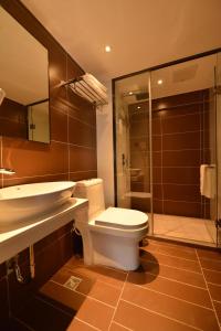 北京IU酒店·北京中关村知春里地铁站店的浴室配有卫生间、盥洗盆和淋浴。