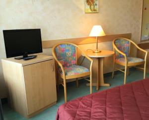 巴特萨克萨富罗瑙全景酒店的配有床和两把椅子及一台电视的房间