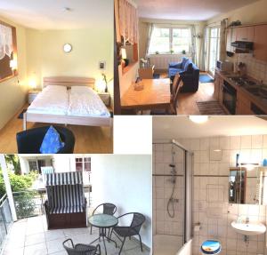 朱列斯拉赫Ferien Wohnungen Arkonablick的一张床位和一间浴室的三幅房间照片