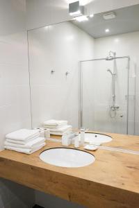 德鲁斯基宁凯塞纳西斯帕斯塔斯旅馆的浴室配有白色水槽和淋浴。