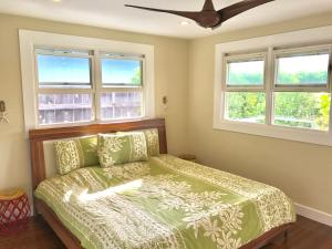 凯卢阿Beautiful Guest House Kailua Beach的一间卧室设有一张床和两个窗户。