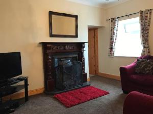 阿基尔High Road Cottage的客厅设有壁炉和红色地毯。