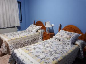 特鲁希略胡里奥旅馆的蓝色墙壁客房的两张床
