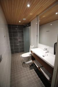 穆奥尼奥SEO穆奥尼奥汽车旅馆的一间带水槽、卫生间和淋浴的浴室