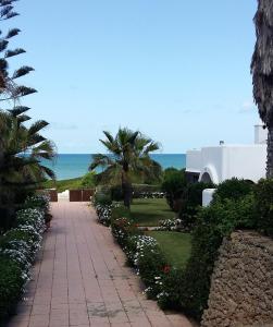 杰迪代Villa meublée face à la mer, Golf et Verdure的一条种满鲜花和棕榈树的步道,