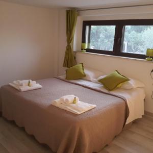法萨诺L'antico Trullo - Masseria Chiancarella的一间卧室配有两张带毛巾的床