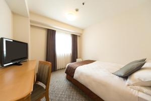 大阪大阪东急REI酒店的酒店客房配有一张床和一张书桌及一台电视