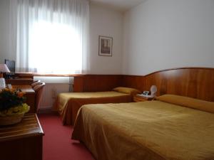 弗留利地区奇维达莱Hotel Roma的酒店客房设有两张床和窗户。