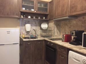索非亚Pirotska Apartment GN / FREE GARAGE的厨房配有木制橱柜和白色冰箱。