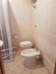 圣凯撒利亚温泉Appartamento Buonarroti的白色的浴室设有卫生间和淋浴。