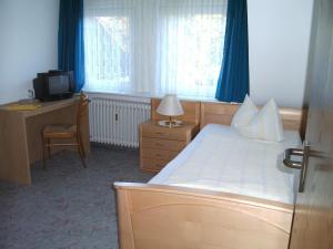 伦讷施塔特格斯特雷希旅馆的一间卧室配有一张床、一张书桌和一台电视