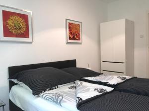 明斯特旅行公寓的一间卧室配有一张带黑白枕头的床