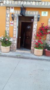 卡尼亚马雷斯Hostal Cañamares的门前有花盆的建筑