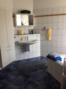 SassenbergFerienwohnung im Grünen的一间带水槽、卫生间和镜子的浴室