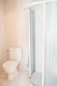 比尔什托纳斯Domus Hotel的一间带卫生间和玻璃淋浴间的浴室
