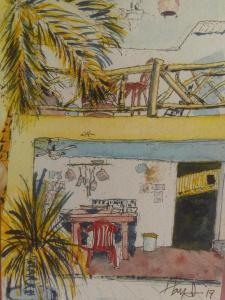 圣多明各乔萨旅馆的一张带桌子和棕榈树的房子的画