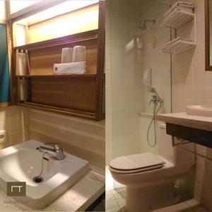 梭罗卢玛图里生态精品酒店的浴室的两张照片,配有卫生间和水槽