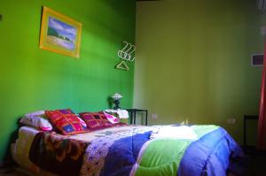 波萨达斯Costa Aguacates的绿色卧室配有带色彩缤纷枕头的床
