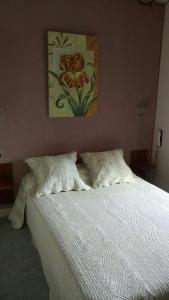 孔布勒白十字宾馆的一张带两个枕头的白色床和墙上的绘画