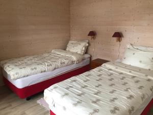 Gjesvær尼加德公寓式酒店的木墙客房 - 带两张单人床