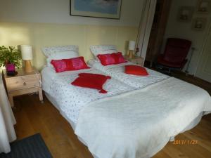多廷赫姆Wiersse 68的一间卧室配有两张带红色枕头的床。