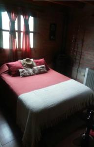 圣萨尔瓦多德朱Cabaña San Pablo的一间卧室配有一张带红色床单的大床
