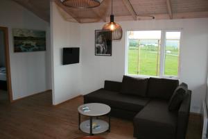 劳加尔瓦特恩Eyvindartunga farm cottage的客厅配有沙发和桌子