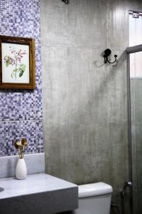 阿拉沙Chalé do Lago的带淋浴和卫生间的浴室以及图片