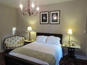 纳奇兹Concord Quarters的一间卧室配有一张床、一把椅子和一个吊灯。