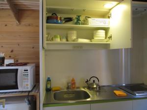 屋久岛屋久岛橙色小屋的厨房配有水槽和微波炉