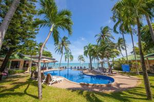 班拉克海滩Samui Mermaid Beachfront的棕榈树和海洋的度假游泳池