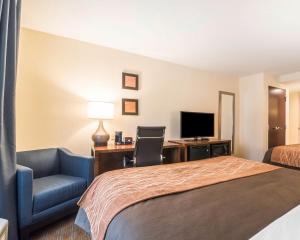 布拉特尔伯勒Comfort Inn & Suites Brattleboro I-91的酒店客房配有一张床、一张书桌和一台电视。