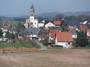 塞布尼茨Ferienhaus Sonneneck的一座小镇,有教堂和大田