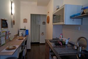 杰尔Belvárosi Studio Apartman的厨房配有水槽和台面