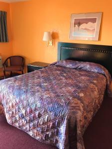 PrattPratt Budget Inn的配有一张床和一把椅子的酒店客房