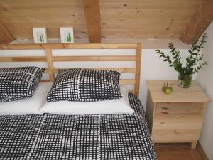 普利特维采湖Guesthouse Bor Plitvice Lakes的一间卧室配有一张床和一个种植了植物的床头柜