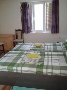 巴奇科伏Vila Bachkovo的一间卧室配有一张带绿色和白色 ⁇ 面毯的床