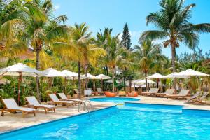 托舵道斯快乐周五酒店的一个带椅子和遮阳伞的游泳池以及棕榈树