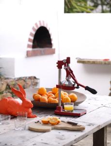 开普敦住宿度假屋的一张桌子,上面放着显微镜和一盘橙子