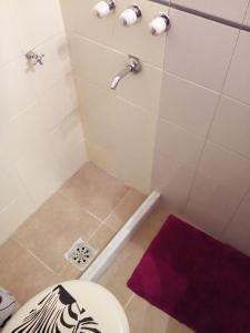 罗萨里奥Oroño 1的带淋浴和卫生间的浴室以及紫色地毯。