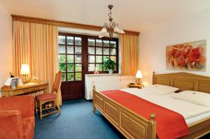 莱姆库伦弗莱尔尼斯酒店的一间卧室配有一张床、一张书桌和一个窗户。