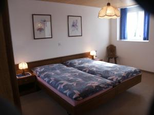 MünsterlingenHotel Garni Sonne的一间卧室配有一张床和两张台灯。
