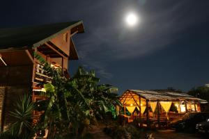德尔米Guesthouse Vila Druri Dhermi的天空中月亮的夜晚房屋
