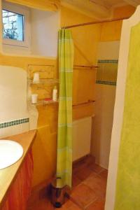 Limogne-en-QuercyLa Hulotte的带淋浴和盥洗盆的浴室