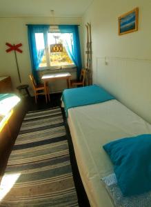 StorlienStorliens Fjällgård的一间卧室设有两张床、一张桌子和一个窗口
