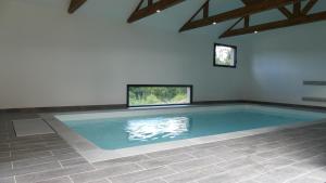 普卢伊内克Domaine de Tréouzien的拥有蓝色墙壁和天花板的客房设有一个大型游泳池