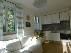 雷根斯堡Ferienwohnungen Babo 6的一间带白色沙发的客厅和一间厨房