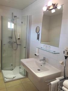 Haibach ob der Donau西尔维娅旅馆的浴室配有盥洗盆和带镜子的淋浴