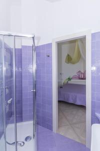 马蒂纳塔Merydamy的浴室设有紫色瓷砖和淋浴。